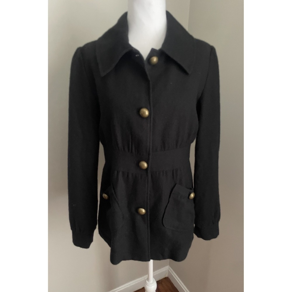 Anthropologie Tulle Women M/L Black Wool Pea Coat Y2K Brass Button Dark Academia